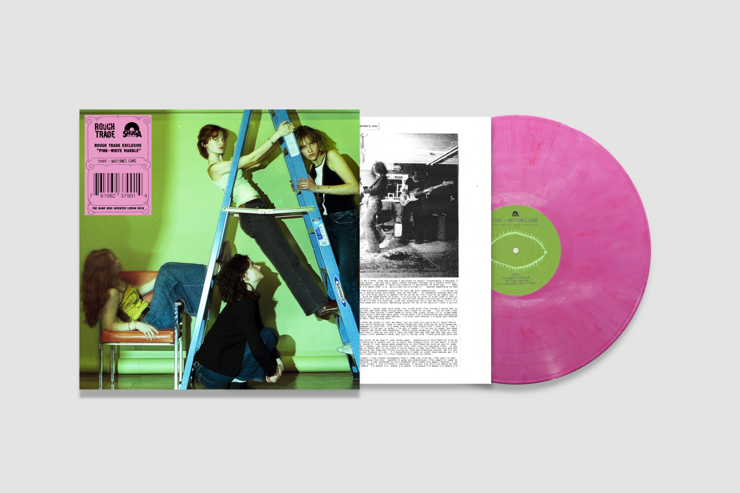 A vinyl record album shown open, with the pink record partially pulled out. The cover art features a green-tinted photo of people on a ladder and bench, alongside a black-and-white interior page, on a light gray background.