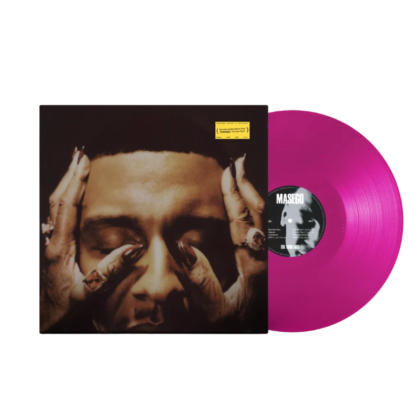 A vinyl record partially pulled from its sleeve, showing a bright magenta pink disc. The album cover features a close-up portrait of a person with hands on their face.