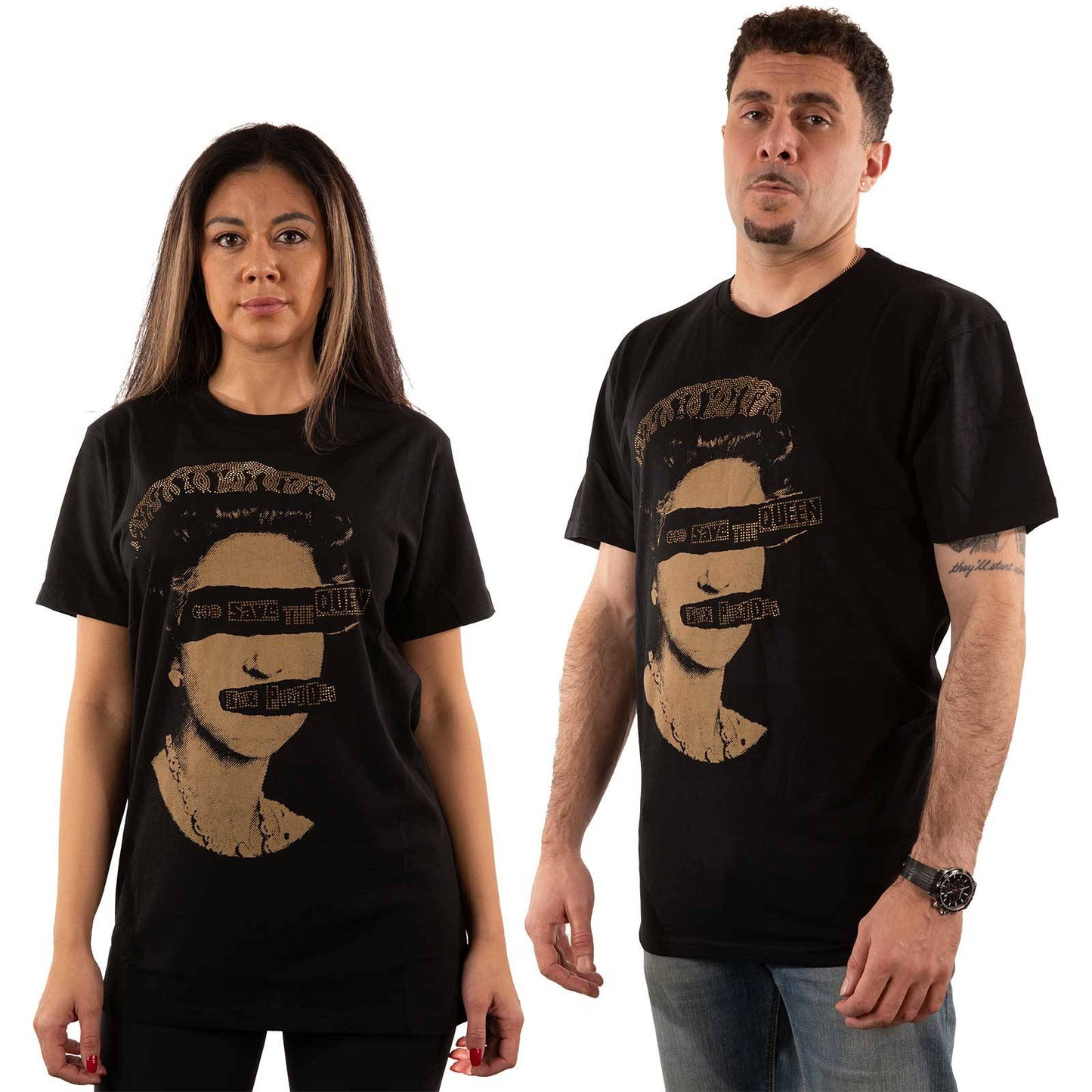Unisex Embellished T-Shirt God Save The Queen Diamante, Embellished, Crystals, Rhinestones, Gold Coloured Diamante