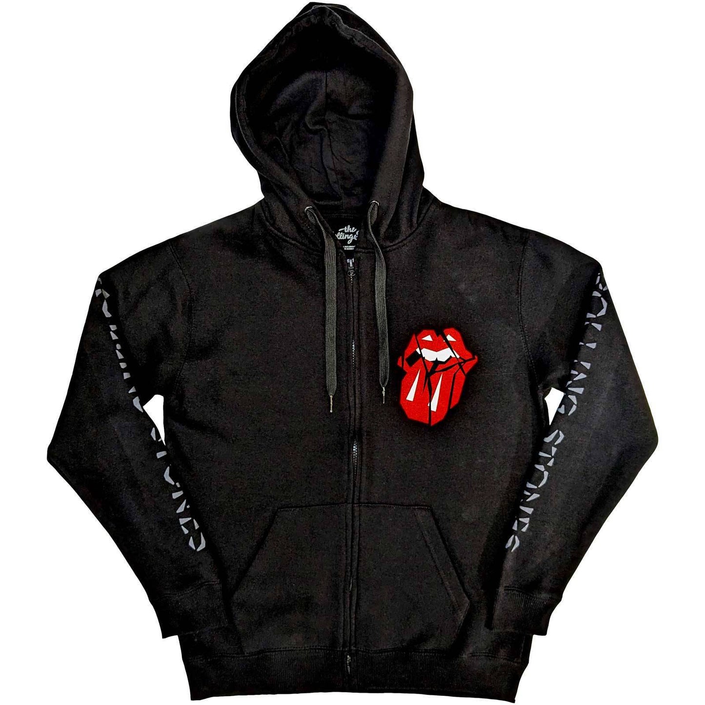 The Rolling Stones Unisex Zipped Hoodie: Hackney Diamonds Shattered Tongue (Sleeve Print)  Hackney Diamonds Shattered Tongue Long Sleeves